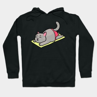 Chubby gray cat in red swimming trunks resting on a towel Hoodie